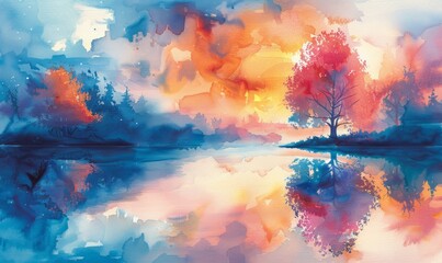 Wall Mural - Watercolor abstract twilight reflections on white.