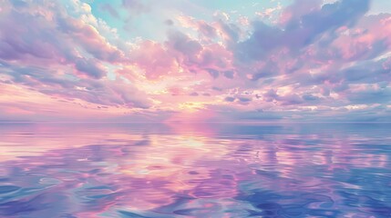 a breathtaking sunset illuminates the clouds and water with soft pastel hues, creating a serene and 