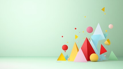 Abstract retro illustration with bold, colorful triangles and circles arranged in a dynamic pattern over a soft pastel green background. Deep depth of field and space for copy at the center bottom of