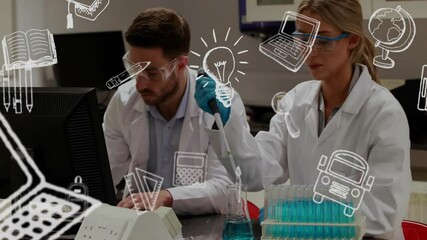 Poster - Animation of school items icons over caucasian scientists doing experiments in lab