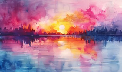 Wall Mural - A painting of a sunset with a reflection of the sun on the water. The colors are vibrant and the scene is peaceful