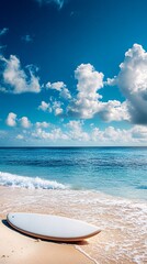 A white surfboard lies on the sandy shore of a beach with the clear blue ocean and a bright blue sky with white fluffy clouds in the background.