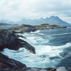 The rugged coastal landscape surrounding the Atlantic Ocean Road, with rocky islands and waves crashing against the shore.