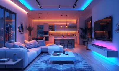 Wall Mural - High-tech urban apartment with smart home features.