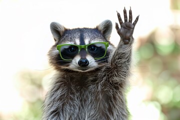 Funny raccoon in green sunglasses making a hand up