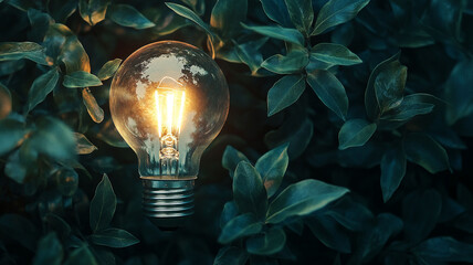 light bulb with dark green tree leaves