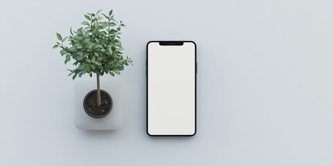 Aufkleber - Minimalist Technology Meets Nature Smartphone with Nature Wallpaper on Clean White Table Next to Potted Plant