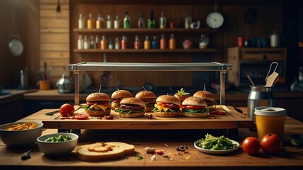 New modern grill maker accompanied by sandwiches and various ingredients, all arranged on a wooden table
