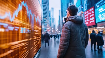 Poster - A man in a jacket standing on the sidewalk looking at an electronic display, AI