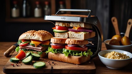 New modern grill maker accompanied by sandwiches and various ingredients, all arranged on a wooden table
