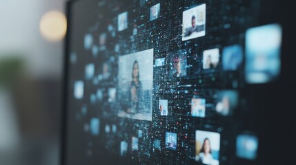 Poster - Virtual Meeting with Multiple Participants on Large Monitor in Digital Newsroom Background, Signifying Remote Collaboration