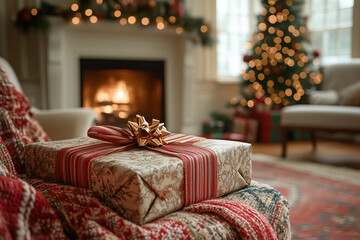 Wall Mural - wrapping holiday gifts in a cozy home setting