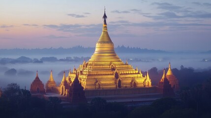 The Shwezigon Pagoda in Bagan at sunrise, with its golden dome glowing in the soft light of dawn.