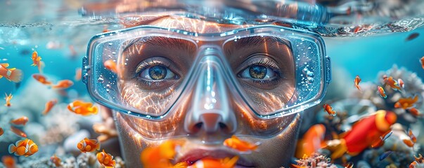 A person with a surprised expression, snorkeling in crystal clear waters with vibrant coral reefs and tropical fish swimming in a kaleidoscope of colors against a plain white background.