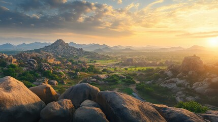 The stunning view of Hampi's boulder-strewn landscape from the top of Matanga Hill at sunrise.