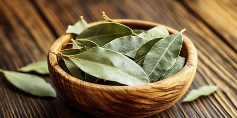 dried bay leaves in a wooden bowl on a rustic wooden table.