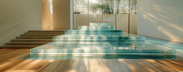 Wall Mural - Glass podium with a clean, modern design, highlighted by bright, natural light.