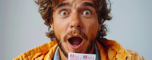 A man with a surprised expression, holding a lottery ticket with eyes wide, against a plain white backdrop.