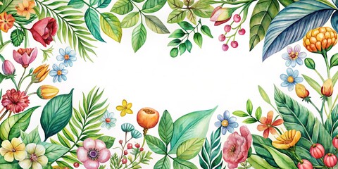 Wall Mural - botanical illustration with hand-drawn border and playful, watercolor-inspired colors