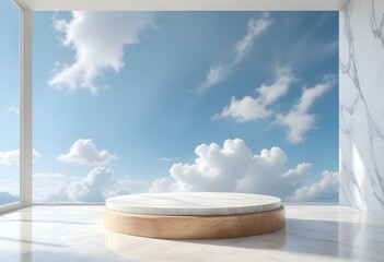 A wooden podium on a white marble platform in a minimalist room with a large window revealing a bright blue sky and fluffy clouds outside, casting soft shadows on the marble.