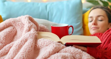 Poster - Cozy Reading Moment – Woman Relaxing with Book and Hot Drink in Warm Living Space