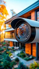 A surveillance camera against the background of a modern house is a symbol of surveillance and burglary protection