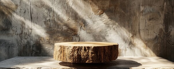 Rustic wooden pedestal with a rough finish, spotlighted in a natural setting.