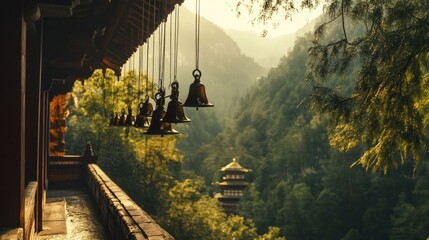 Wall Mural - The tranquil atmosphere of Tiger's Nest Monastery, with the sound of wind chimes echoing through the valley.