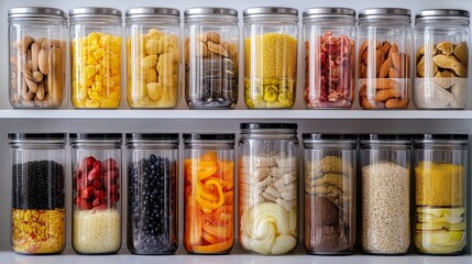 Organized Food Storage Containers on White Shelf, Showing Various Dried Ingredients, Beans, Grains, and Fruits, Demonstrating an Efficient and Clean Kitchen Organization System