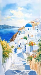 Wall Mural - A picturesque view of a coastal village with white houses and blue domes, surrounded by vibrant flowers and serene ocean.