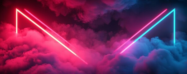 Neon geometric shapes glowing amidst dark, dramatic clouds, surreal 3D scene with vibrant red and blue lights, abstract atmospheric composition