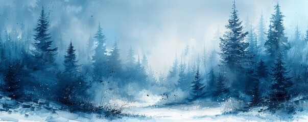 Wall Mural - Abstract winter wonderland with snow-covered trees in watercolor.