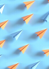 Poster - Colorful Pattern of Orange and Blue Paper Airplanes on Light Blue Background with Soft Shadows