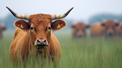 Wall Mural - A group of a herd of cows standing in the grass, AI