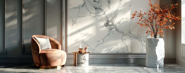 Wall Mural - White marble pedestal with silver accents, set against a luxurious backdrop.