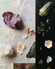 Poster - Mixed Media Collage with Okra, Flowers, and Water Droplets on Textured Background