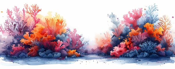 Abstract coral reef with marine life and corals in watercolor on white.