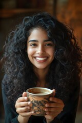 Captivating Portrait of a Young Indian Woman Enjoying a Warm Cup of Chai in a Cozy Caf Setting