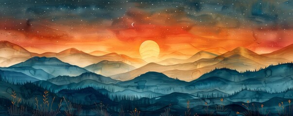 Wall Mural - Watercolor abstract sunset over hills with stars on white.