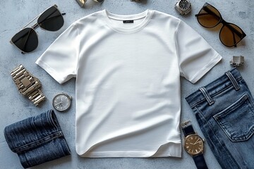 Canvas Print - Realistic white Tshirt Flat Lay Mockup created with Generative AI