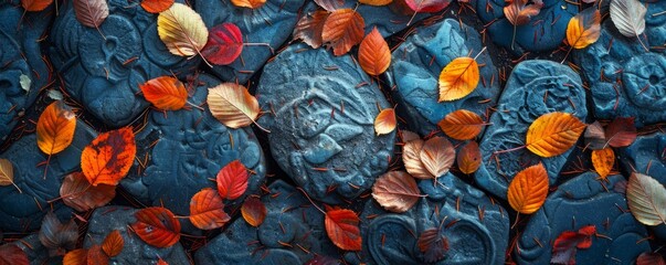 Autumn leaves on a cobblestone path