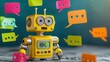 © florynstudio3 - A yellow toy robot surrounded by colorful speech bubbles on a wooden table.