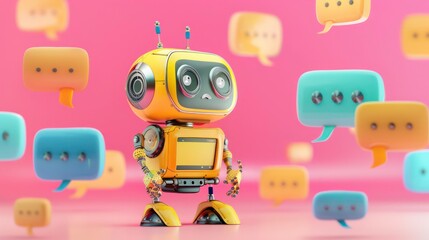 Poster - A yellow robot with a confused expression stands amidst a pink and yellow background with floating speech bubbles.
