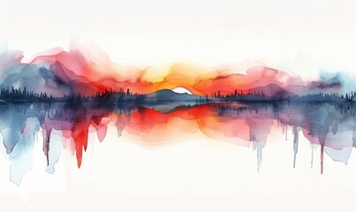 Wall Mural - Watercolor abstract twilight reflections on white.