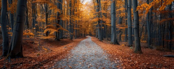 Wall Mural - Walking trail through autumn woods