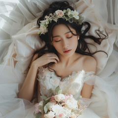 Wall Mural - An Asian bride wearing a wedding dress and a flower crown is lying down holding a bouquet.