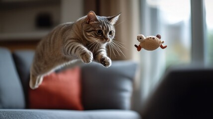 Poster - A cat leaps towards a toy, showcasing playful energy and agility in a cozy living space.