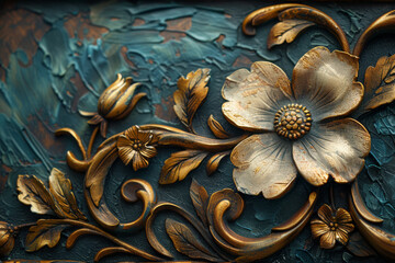 Ornate golden floral design on textured teal background with detailed leaves and petals, creating a vintage and artistic aesthetic