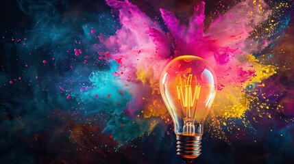 Wall Mural - a light bulb with a golden base glows brightly, surrounded by a vibrant explosion of colorful smoke 