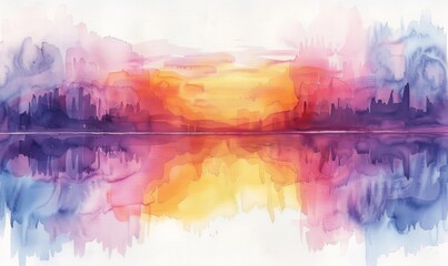 Wall Mural - A painting of a sunset with a lake in the background. The colors are vibrant and the brushstrokes are bold. The mood of the painting is serene and peaceful, as the sun sets over the water